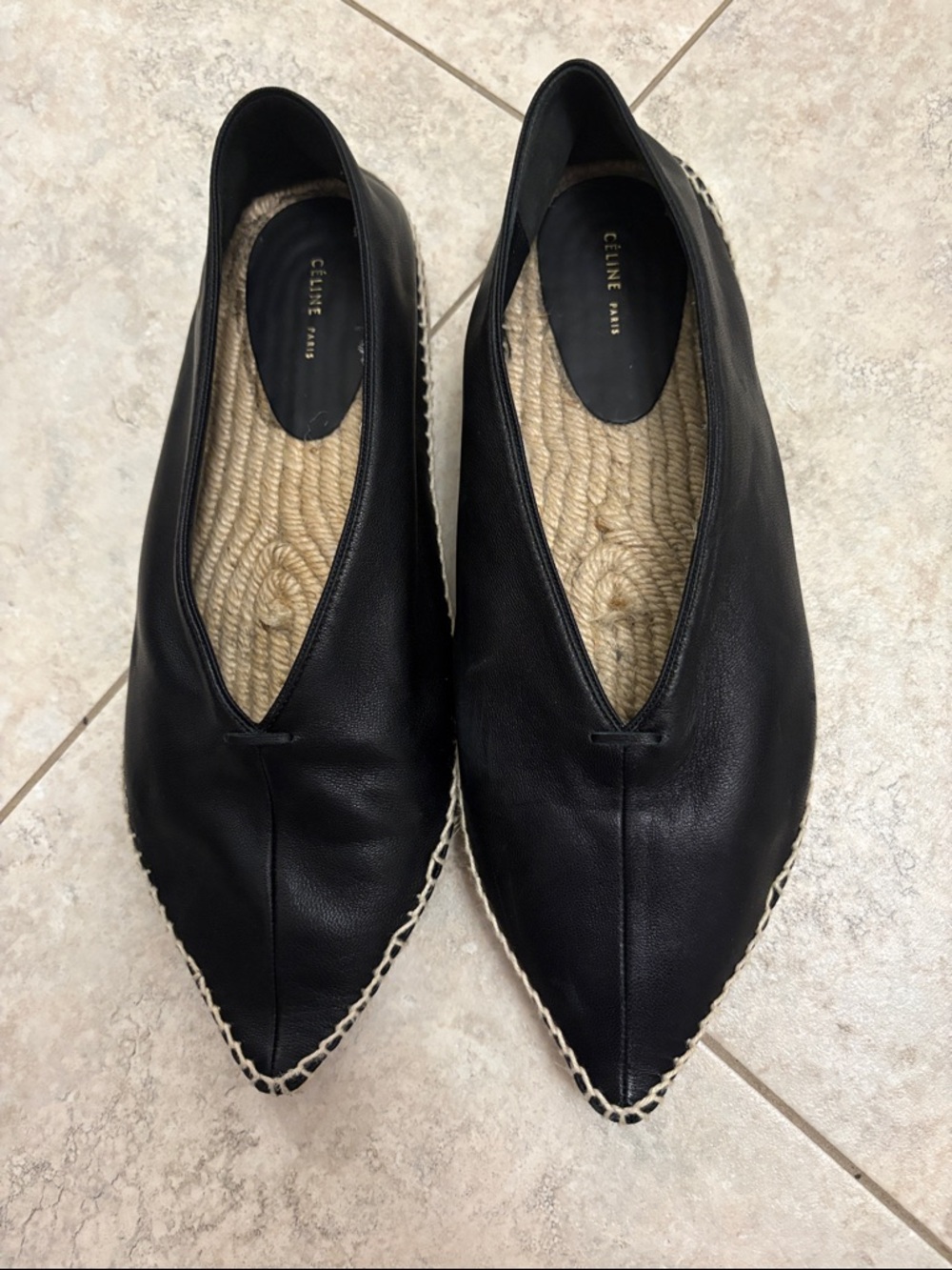 Celine Black Leather Pointed Espadrille Flats